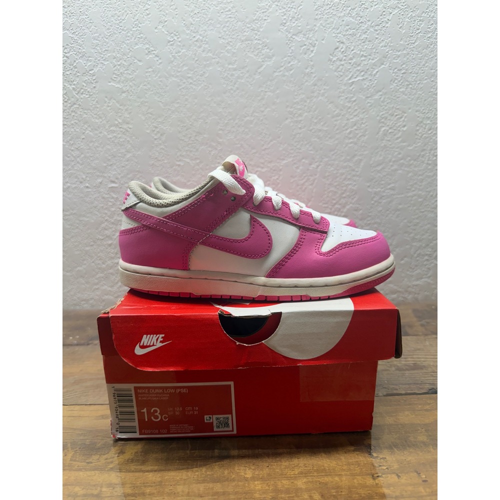Nike Dunk Low PSE White Laser Fuchsia Sneakers FB9108-102 Kids Size 13C